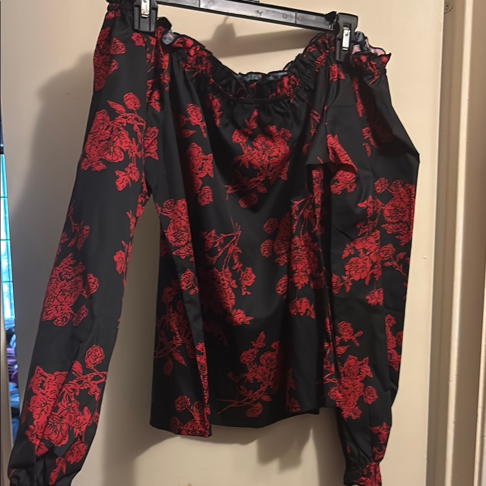 Black and Red Floral Off-Shoulder Blouse